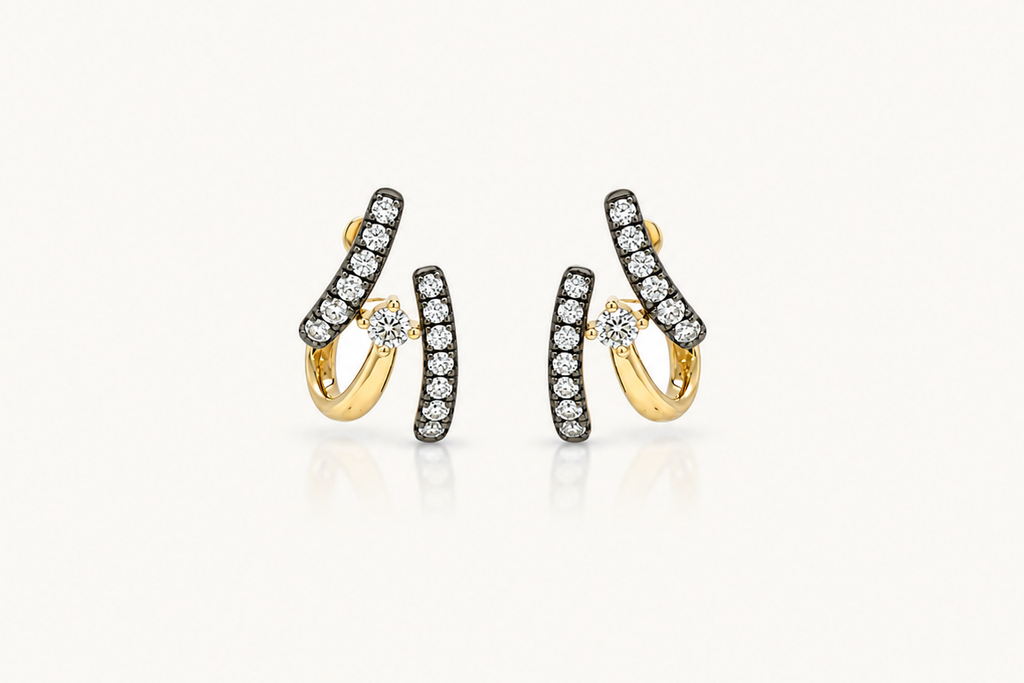 Earrings 18kt Gold Triple Lobe Studs Double Band Black Rhodium Diamonds