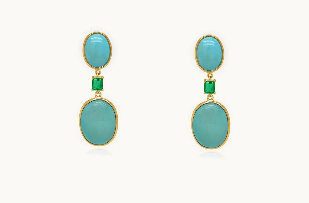 Earrings 18kt Gold Turquoise Ovals with Emeralds