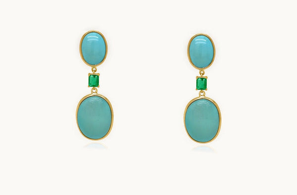 Earrings 18kt Gold Turquoise Ovals with Emeralds