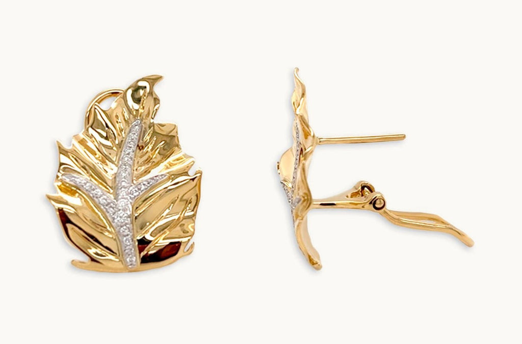 Earrings 18kt Gold Yellow Leaves & Diamonds Omega Back