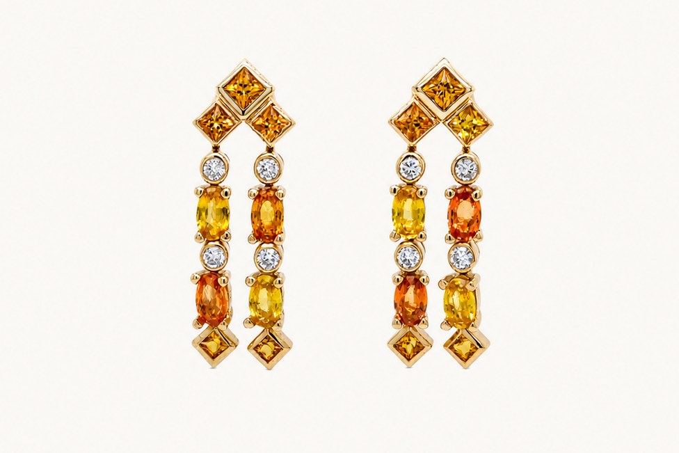 Earrings 18kt Gold yellow and Orange Sapphires with Diamonds