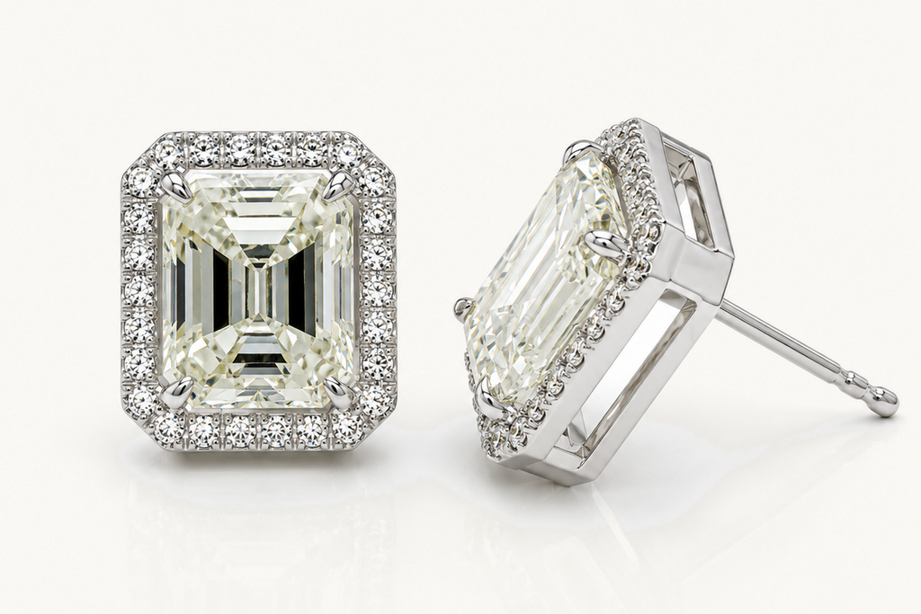 Earrings 18kt Natural Emerald Cut Diamonds 5.24 cts GIA and Halo
