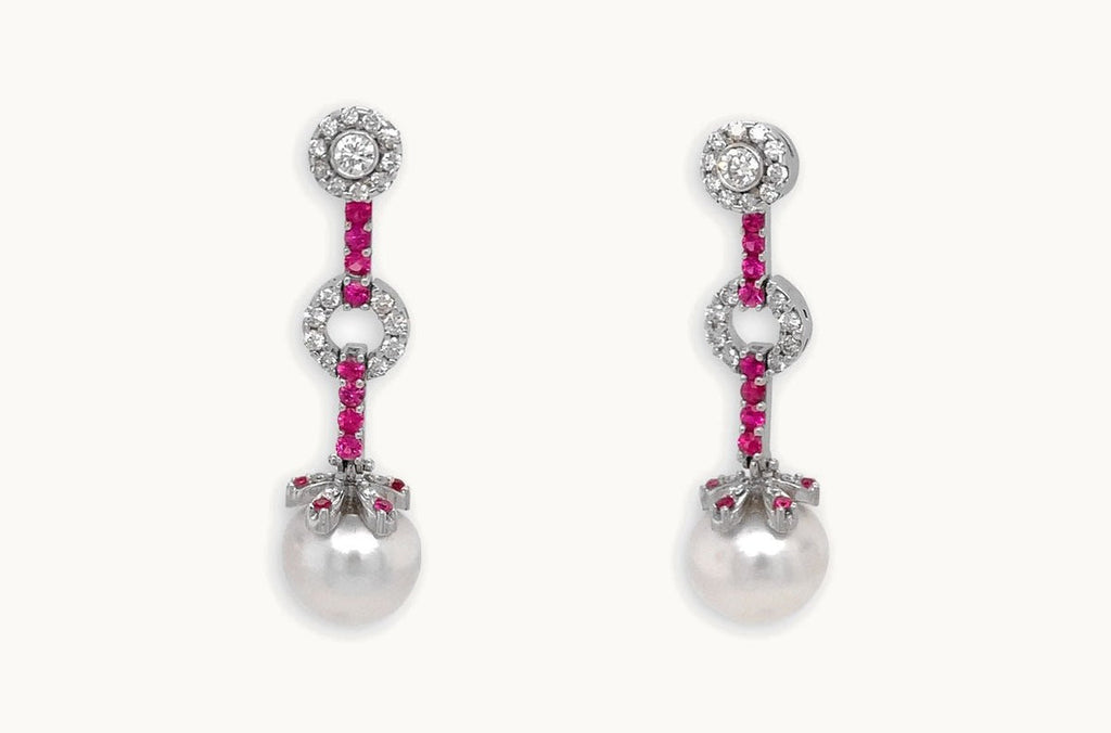 Earrings 18kt Gold Pink Sapphires with Pearls & Detachable Diamonds