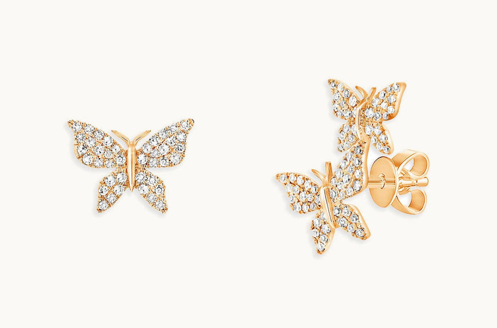 Earrings 14kt Rose Gold Asymmetrical Butterflies & Diamonds