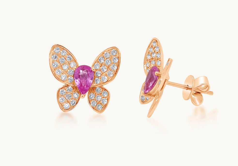 Earrings 18kt Rose Gold Pink Sapphire & Diamonds Butterflies