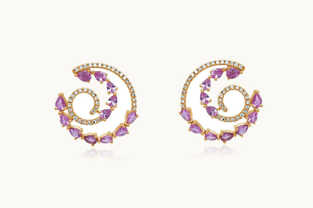 Earrings 18kt Rose Gold Spiral Design Pink Sapphire & Diamonds