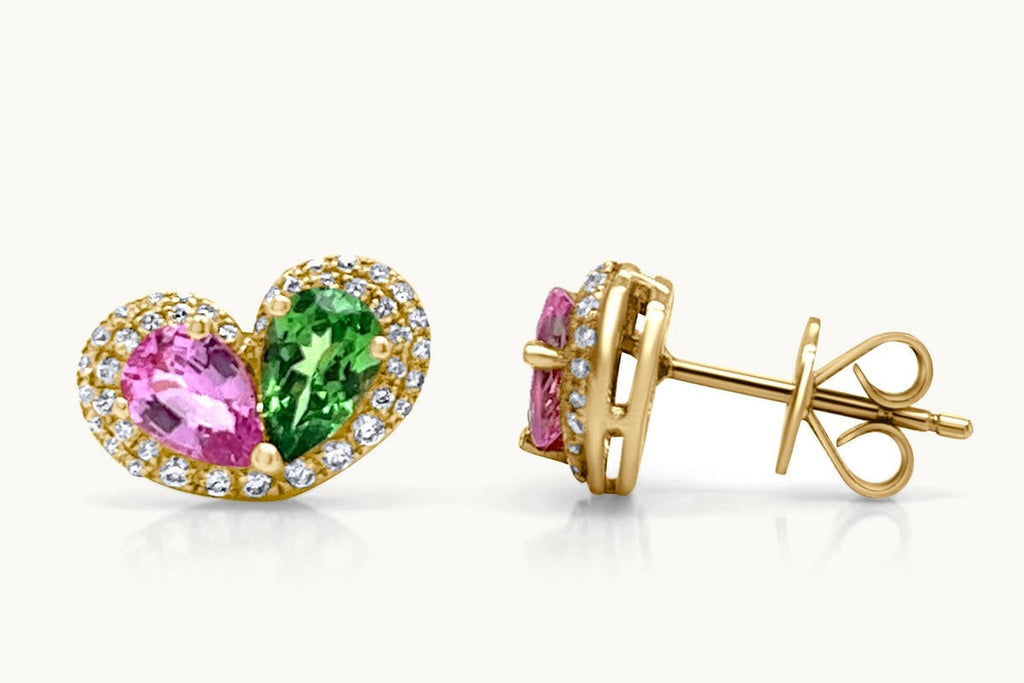 Earrings 18kt Tsavorites & Pink Sapphire Pear Shape with Diamonds Halo