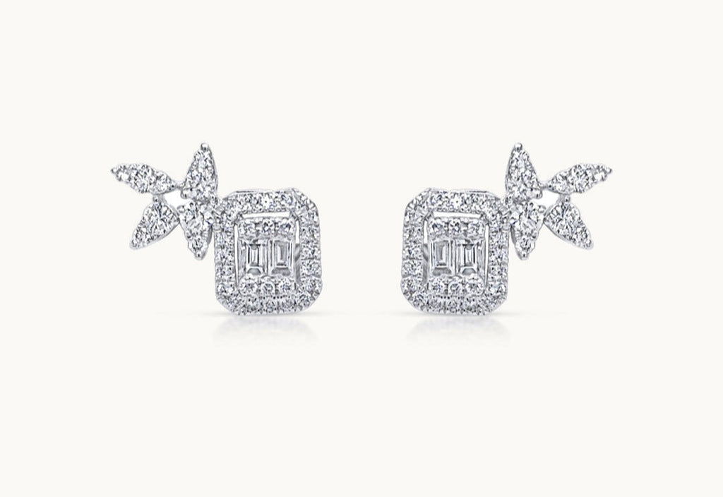 Earrings 18kt White Gold Emerald Illusion Diamonds Halo Studs