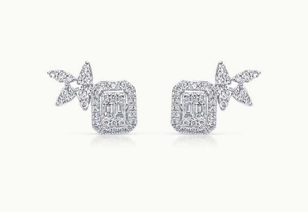 Earrings 18kt White Gold Emerald Illusion Diamonds Halo Studs
