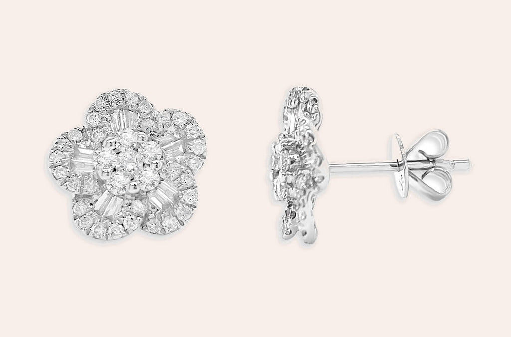 Earrings 18kt White Gold Flowers Baguette & Round Diamonds