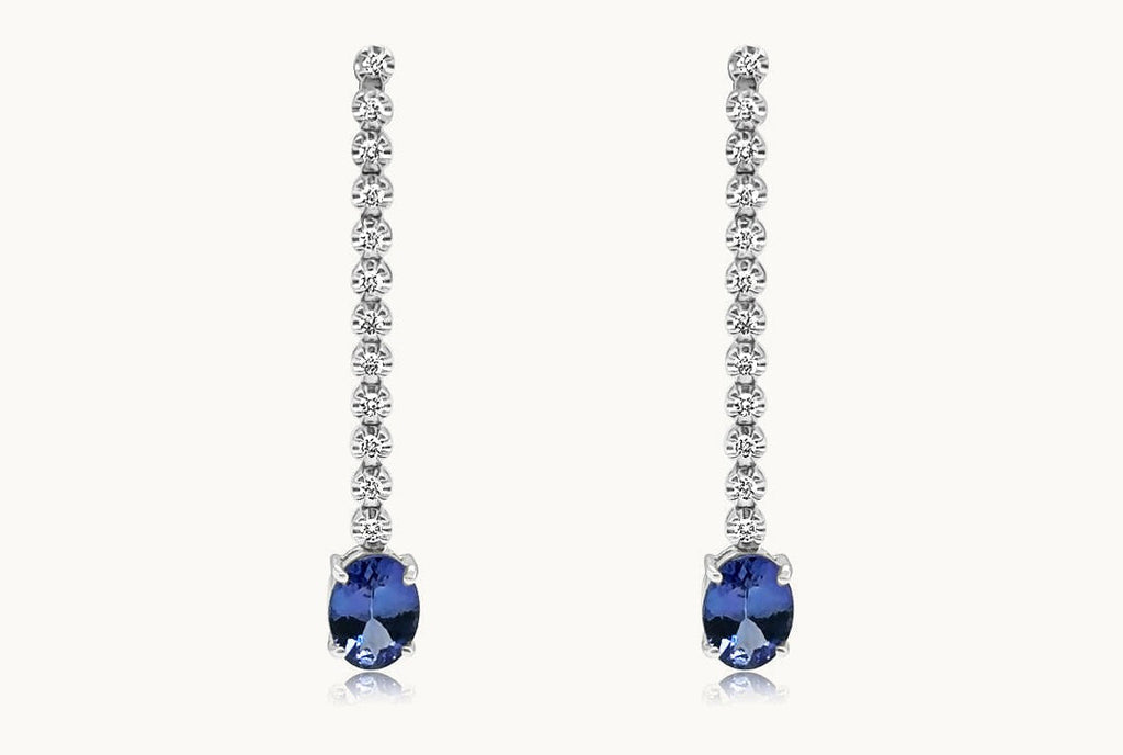 Earrings 18kt White Gold Inline Diamonds with Oval Tanzanita Drops