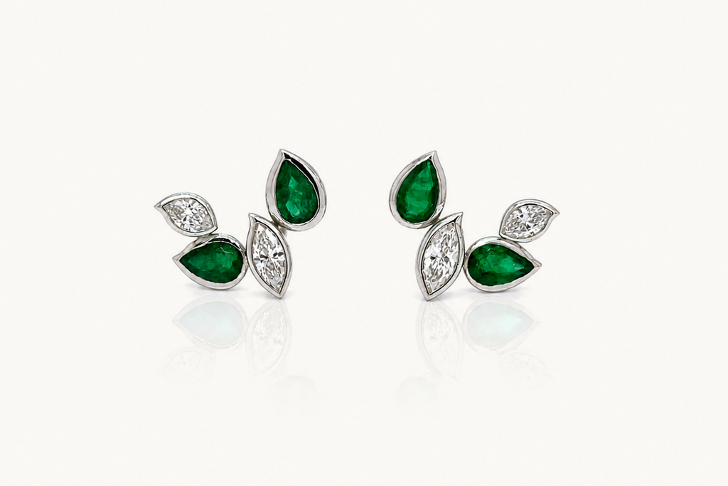 Earrings 18kt White Gold Marquises Emeralds & Diamonds
