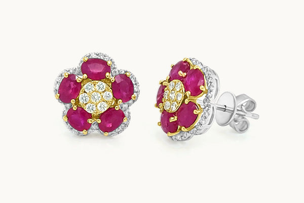 Earrings 18kt Yellow and White Gold Rubies & Diamonds Flowers