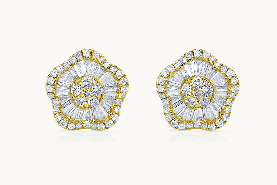 Earrings 18kt Yellow Gold Baguette & Round Diamonds Flowers