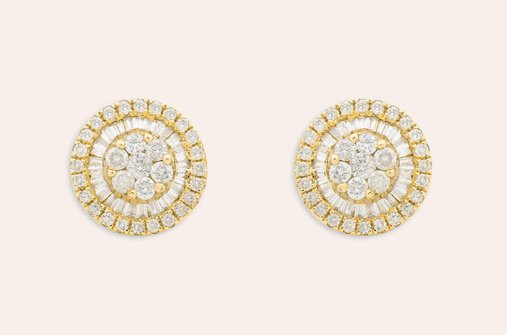 Earrings 18kt Yellow Gold Baguette & Round Diamonds Pizza