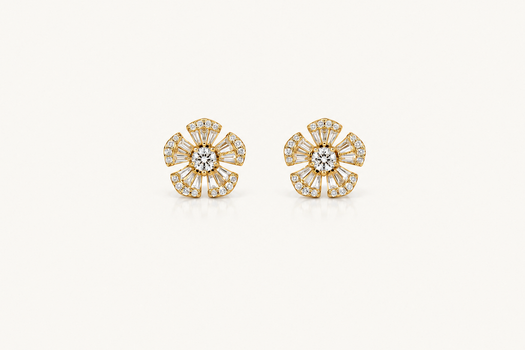 Earrings 18kt Yellow Gold Five Petals Diamonds Stud