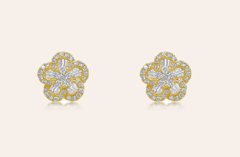 Earrings 18kt Yellow Gold Flowers Baguette & Round Diamonds