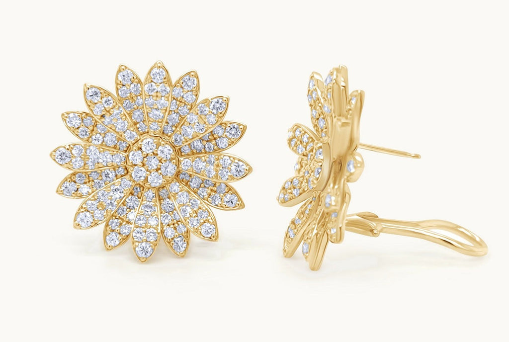 Earrings 18kt Yellow Gold Flowers Round Diamonds