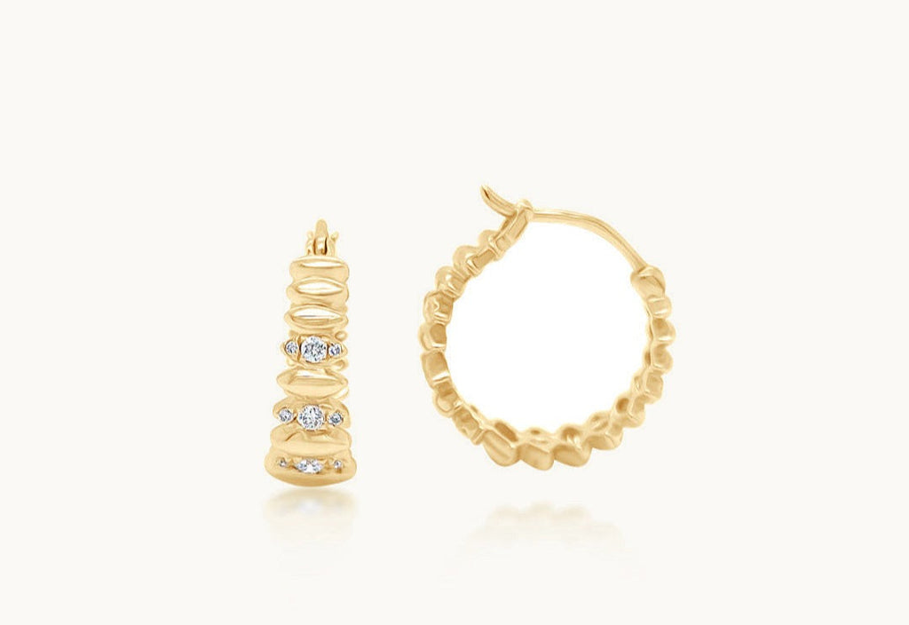Earrings 18kt Yellow Gold Hoops Petals Shape & Diamonds