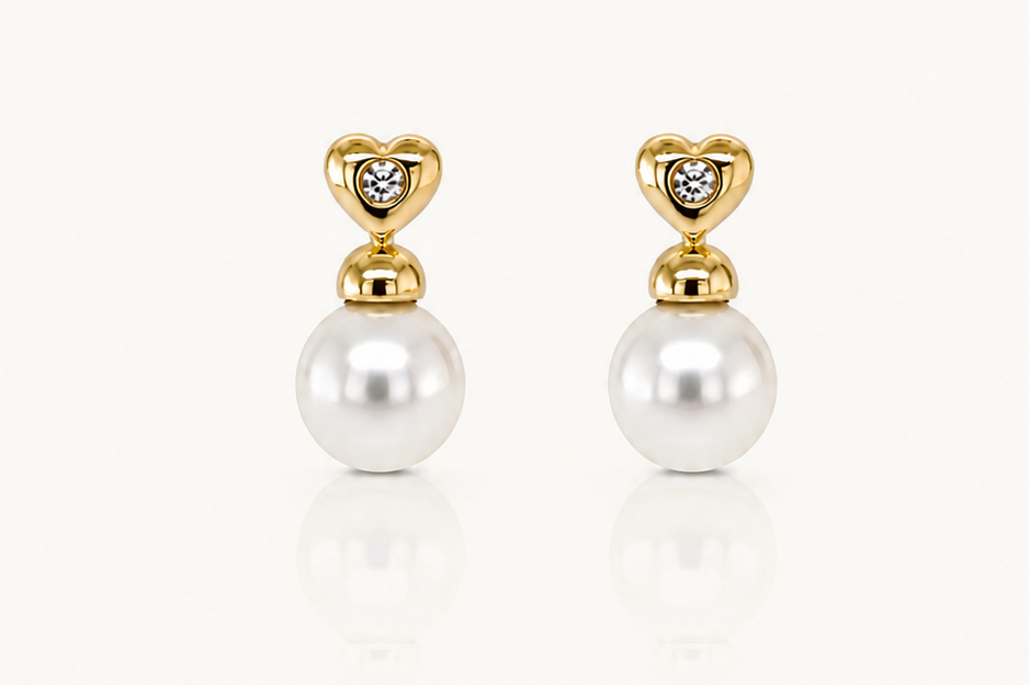 Earrings 18kt Yellow Gold Round Pearls & Center Diamonds Hearts Studs