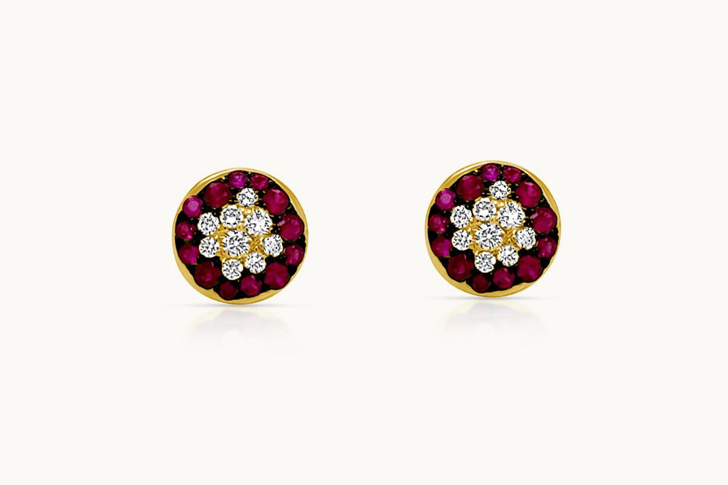 Earrings 18Kt Gold Rubies and Diamonds Round Stud