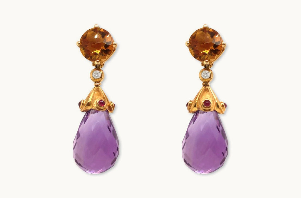 Earrings Citrine Faceted, Ruby Cabouchons & Faceted Amethyst Teardrop