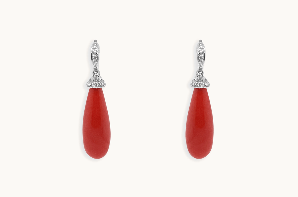 Earrings 14kt White Gold Coral Tear & Diamonds