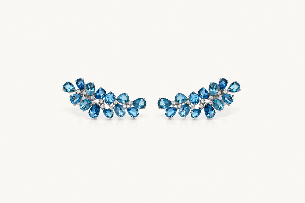 Earrings Crawlers 18 Kt Gold Pear Aquamarines & Diamonds