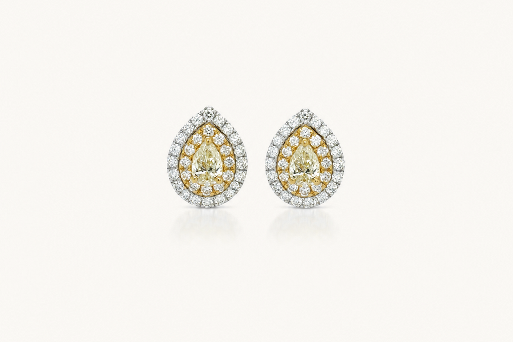 Earrings Pear Shape Yellow Diamonds & Double Diamonds Halo