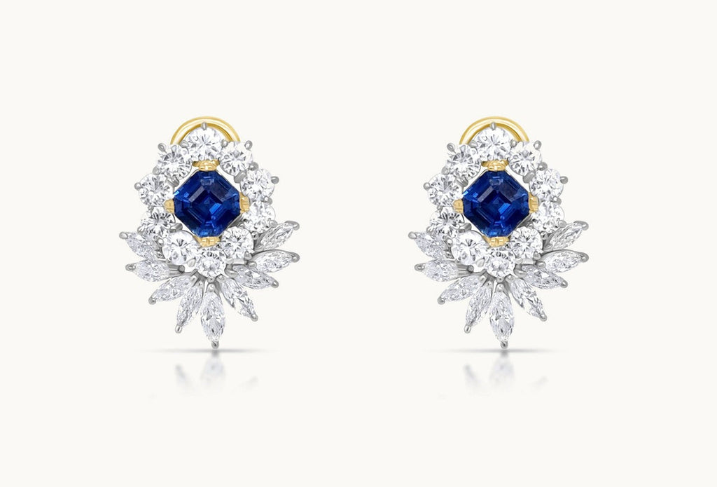 Earrings Platinum and 18kt Gold Asscher Cut Sapphire & Marquise Diamonds