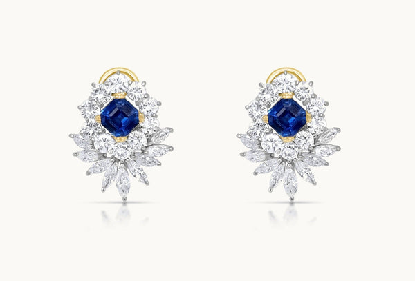 Earrings Platinum and 18kt Gold Asscher Cut Sapphire & Marquise Diamonds