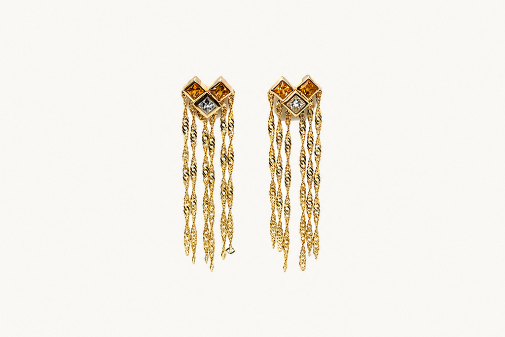 Earrings 18Kt Yellow Gold Yellow Sapphires, Diamonds and rain of Chains
