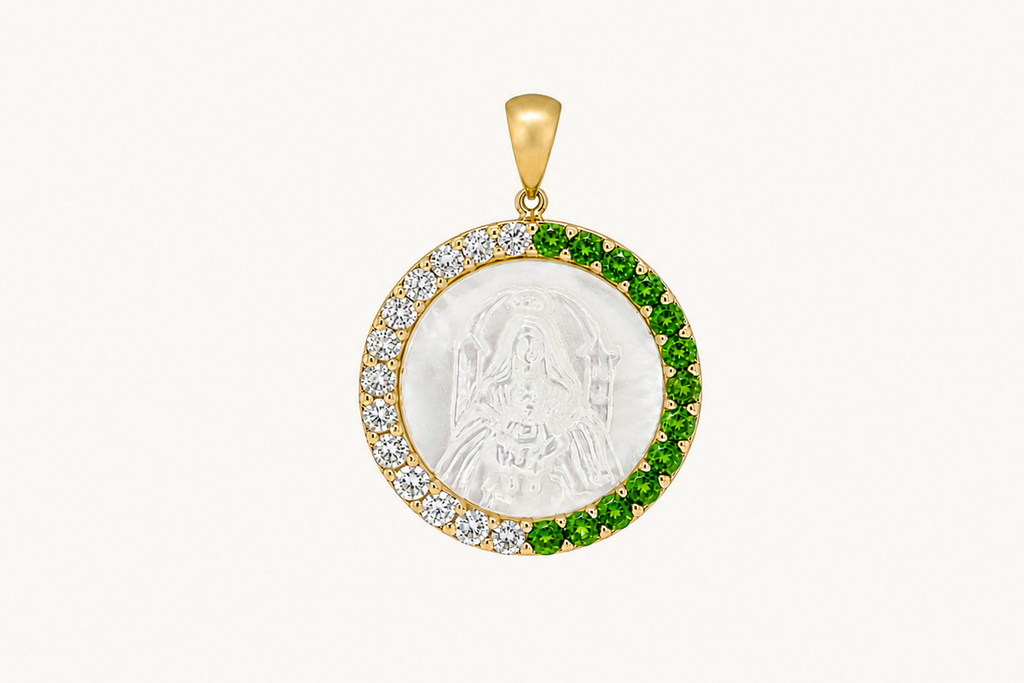 Medal Mother of Pearl Our Lady of Coromoto | Virgen de Coromoto 14kt Gold Diamonds and Tsavorites
