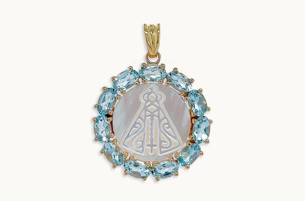Medal Mother of Pearl Virgin of the Valley | Virgen del Valle 18kt Gold & Aquamarines
