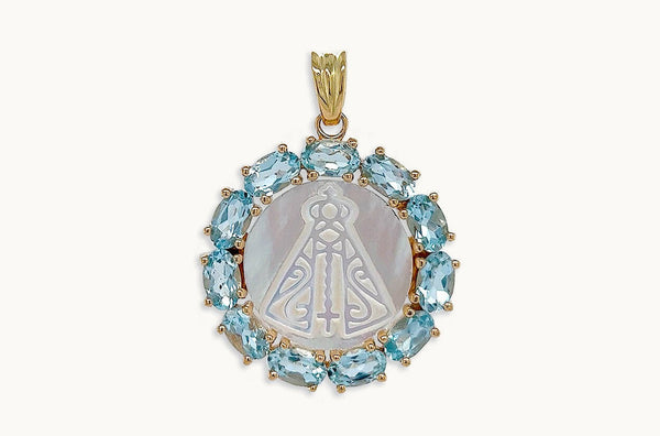 Medal Mother of Pearl Virgin of the Valley | Virgen del Valle 18kt Gold & Aquamarines