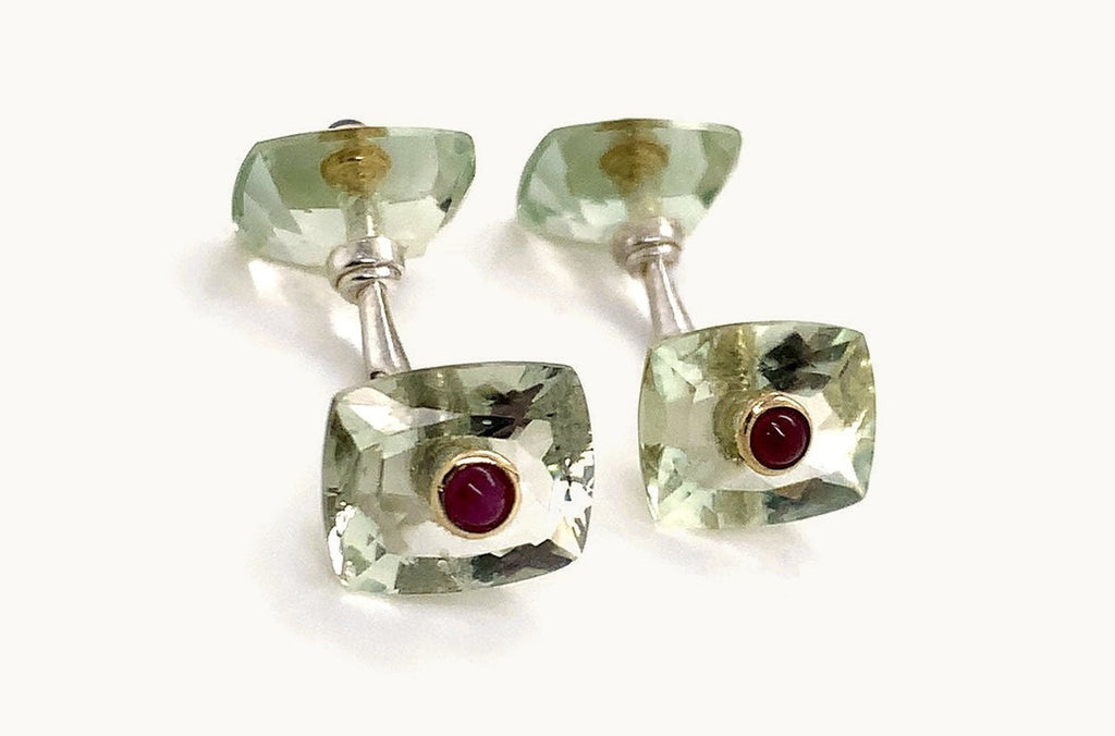 Men's Silver Base Emerald cut Green Amatistas & Ruby Cufflinks