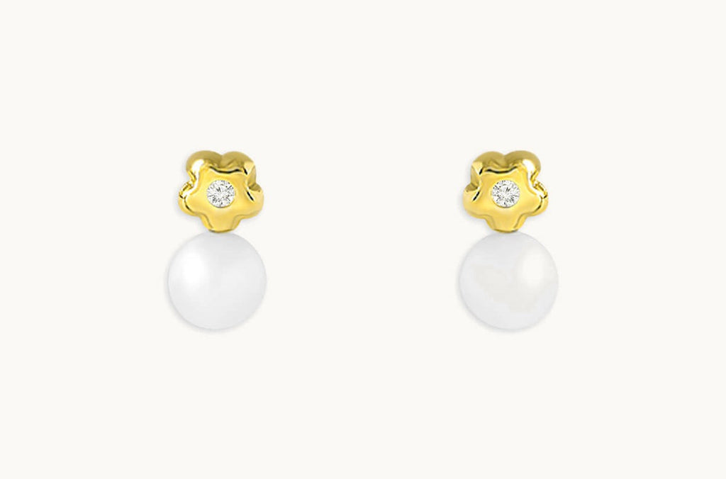 Mini Earrings 18kt Gold Flower Center Diamonds & Pearl Studs