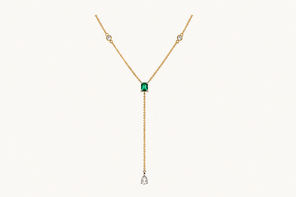 Necklace 14kt Gold Emerald cut Emerald & Diamond Drop