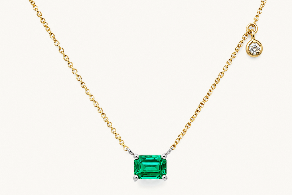 Necklace 14kt Gold Emerald cut Emerald & Diamond