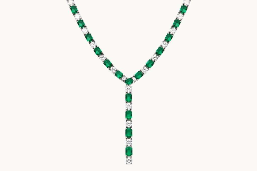 Necklace 14kt Gold Emeralds and Diamonds Tennis with extension