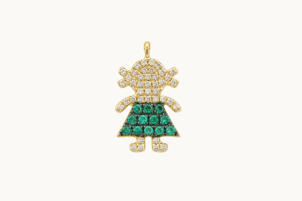 Necklace 14kt Gold Girl with Emeralds & Diamonds