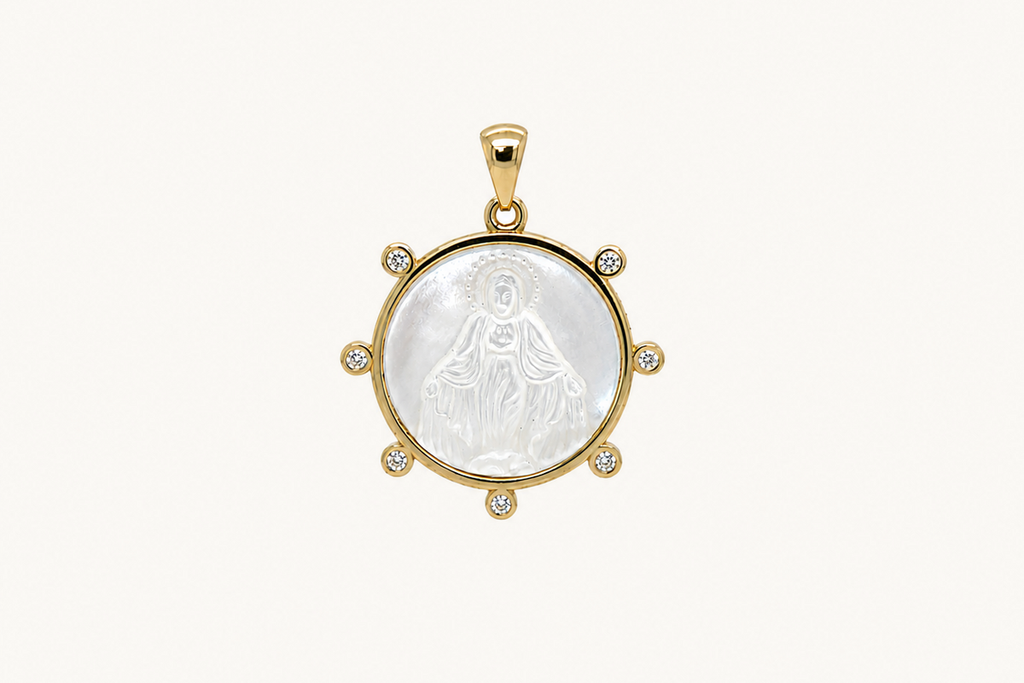 Necklace 14kt Gold Mother Pearl Diamonds Medal Pendant