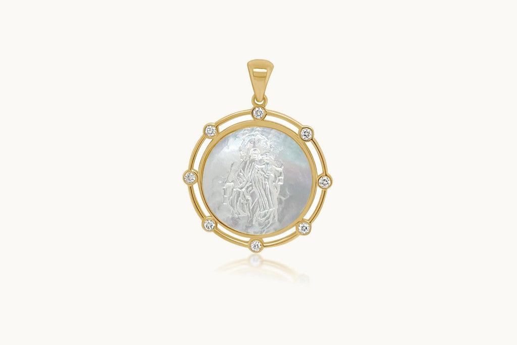 Necklace 14kt Gold Mother Pearl Diamonds Medal Pendant