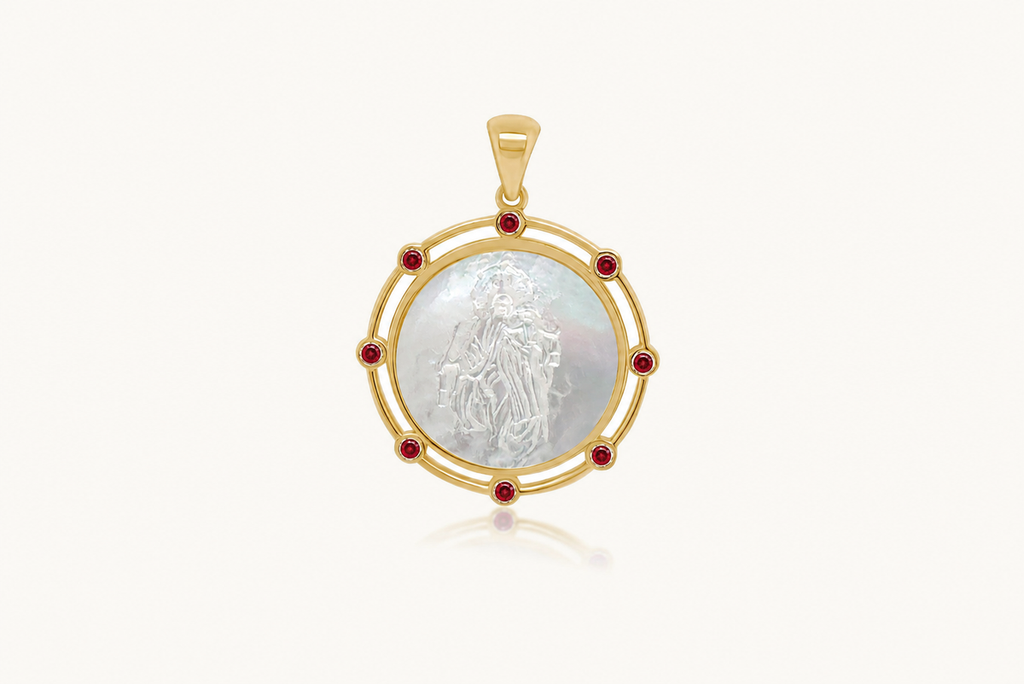 Necklace 14kt Gold Mother Pearl Ruby Medal, Our Lady of Mount Carmel, Pendant