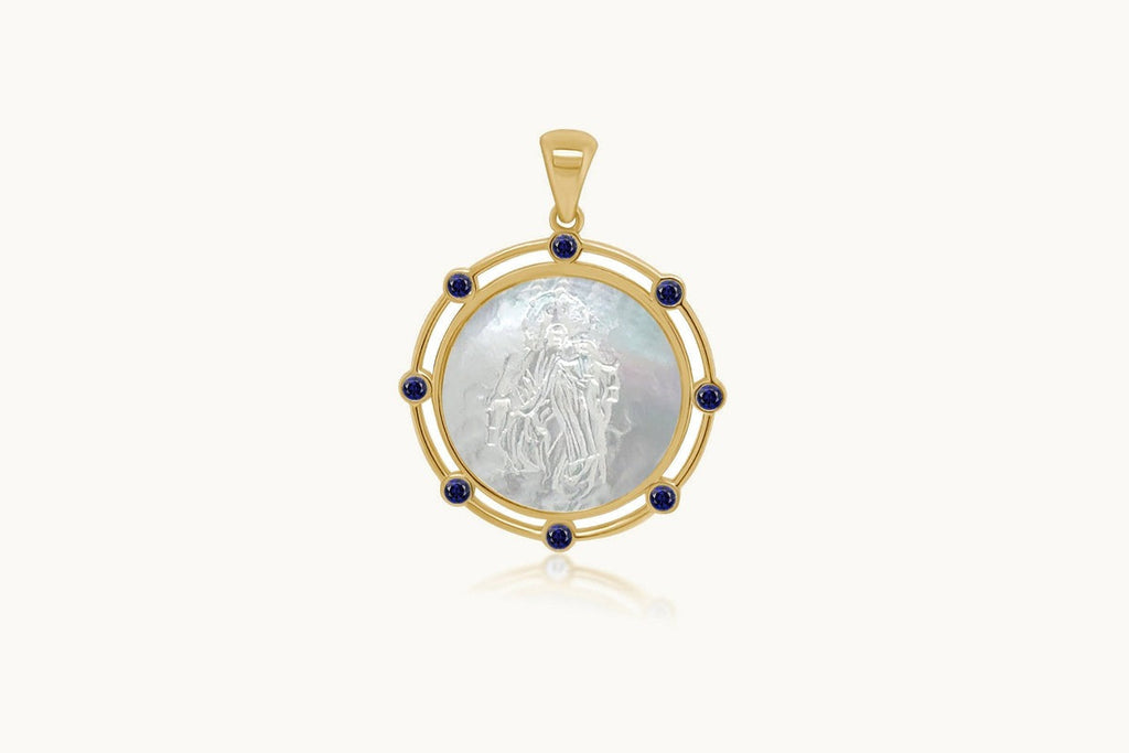 Necklace 14kt Gold Mother Pearl Sapphires Medal Pendant