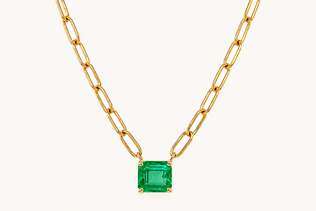 Necklace 14kt Gold Paper Clip Chain with Emerald