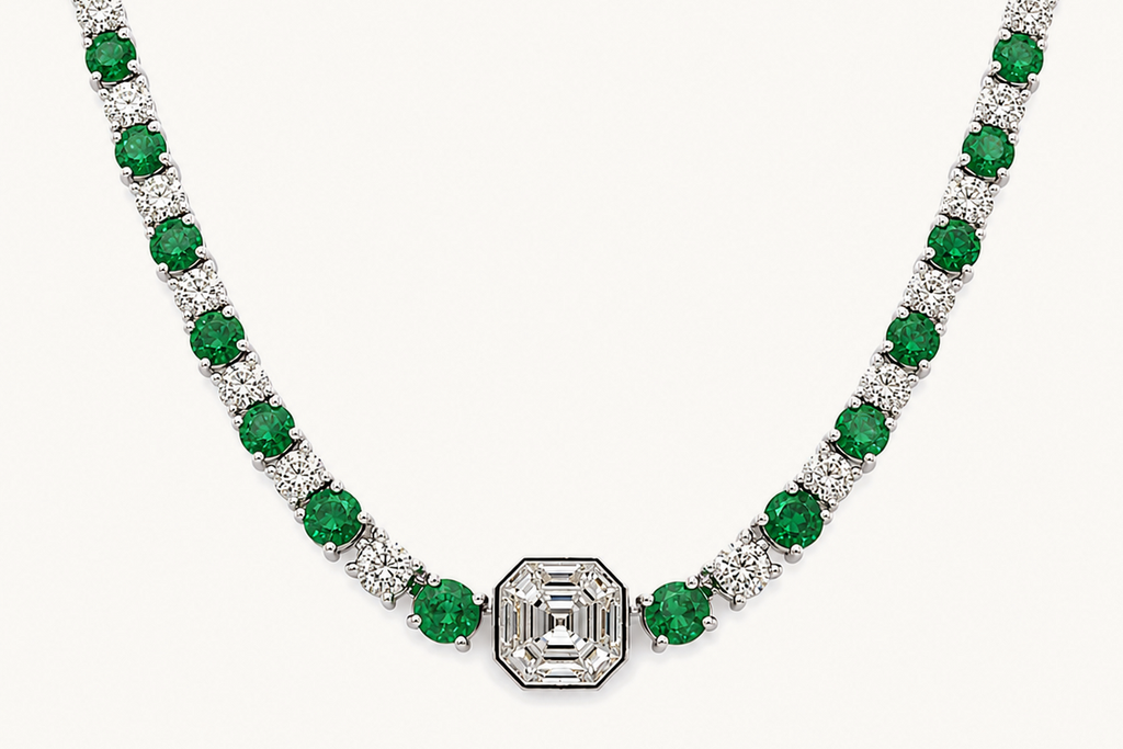 Necklace 14kt Gold Round Emeralds and Diamonds Tennis