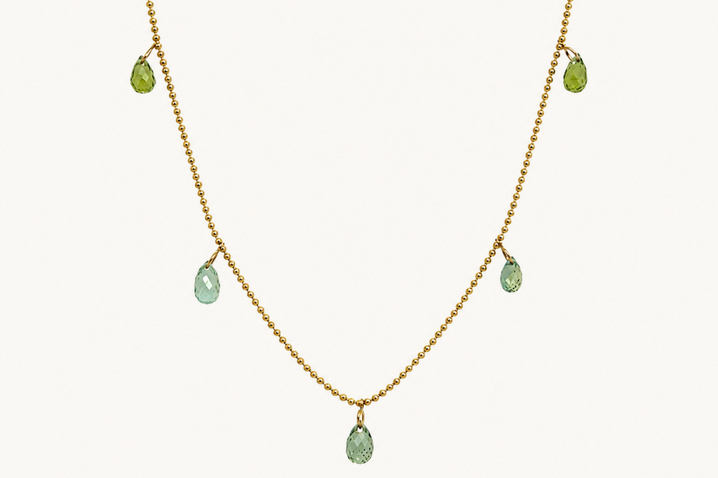 Necklace 14kt Gold Shaker 5 Green Sapphires