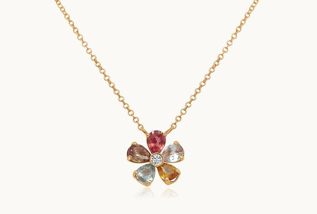Necklace 14kt Rose Gold Multicolor Flower and Central Diamond