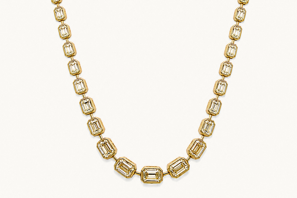 Necklace 18kt Gold Emerald Cut Fancy Yellow Diamond Tennis